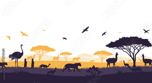 A savanna landscape teeming with diverse wildlife and acacia trees.