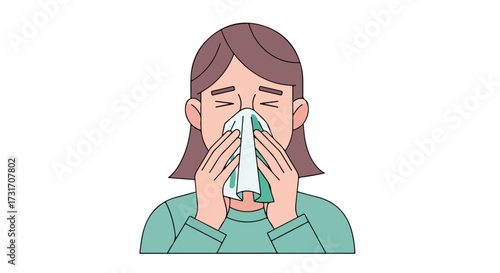 Animated illustration depicting a woman suffering from cold or allergies blowing her nose with a handkerchief or paper tissue against a white