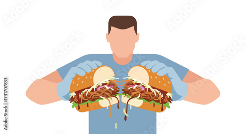 A man wearing gloves presents two gourmet burgers, showcasing food safety and delectable culinary creations with a vibrant, modern illustration style