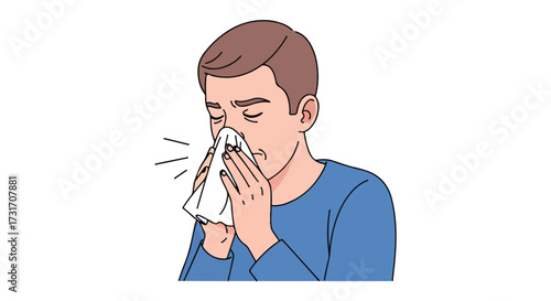 Man Experiencing Cold Symptoms Holding a Tissue to His Nose Indicating Sickness and Seeking Relief Illustration