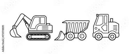 Construction vehicles in a simple line art style showcasing an excavator, dump truck, and loader on white background