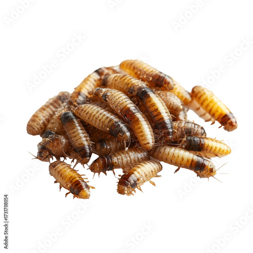 Pile of live maggots — worm larvae, isolate on transparent white background