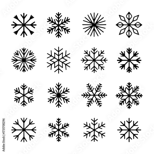 Various black and white snowflake designs arranged in a grid pattern suitable for winter decorations and seasonal crafts