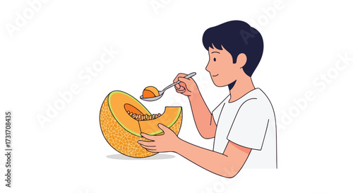 A cartoonish illustration showing a boy with dark hair savouring a delectable sliced melon with a spoon in hand, isolated on a white backdrop