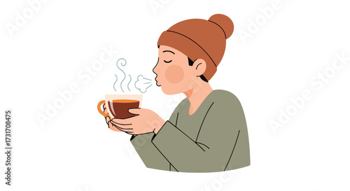 Woman blowing on a steaming drink for warmth and comfort on a cold winter day vector illustration created in a cartoon style on an isolated background