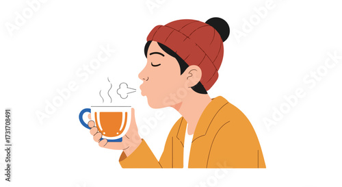 A cozy moment with a hot beverage cartoon style illustration featuring a person blowing on their tea  inviting relaxation