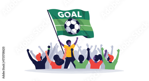 Soccer team victory celebration with flag featuring a football illustration and cheerful supporters expressing their excitement and joy after