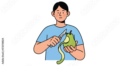 Illustration of a person peeling a green pear with a knife in hand, demonstrating healthy eating habits and food preparation at home