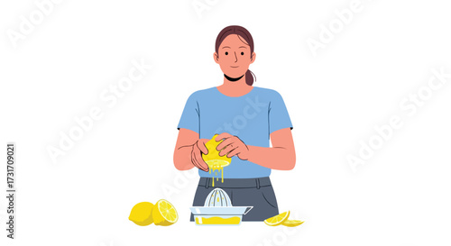 Illustration of a person squeezing fresh lemons with a citrus juicer preparing natural juice at home, highlighting a healthy lifestyle and homemade