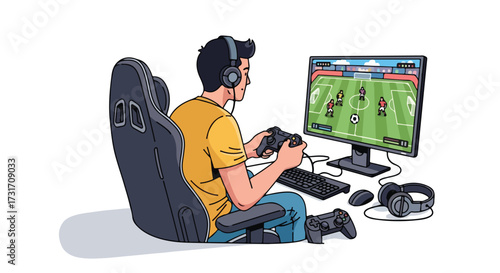 Dedicated young gamer immersed in digital soccer on his computer, surrounded by gaming equipment, enjoying the immersive gaming experience from his