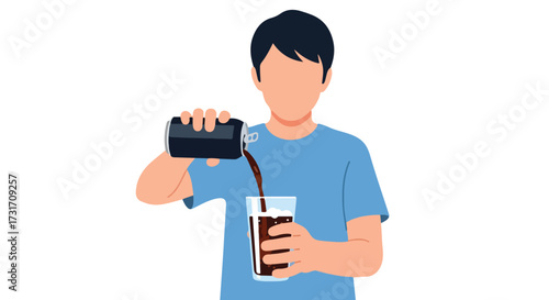 Illustration of a person pouring a dark fizzy drink from a can into a glass in a plain background