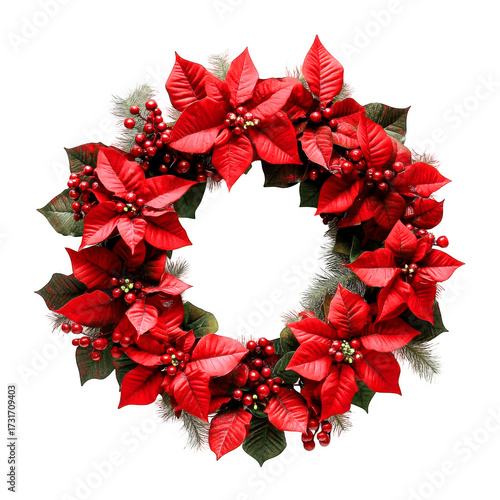 Festive wreath of red poinsettias and berries arranged beautifully on transparent background