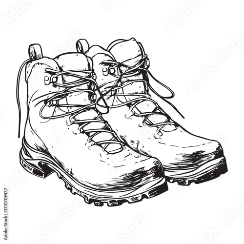 Black and white illustration of two pairs of combat boots on a white background 