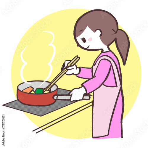 IHで調理する女性のイラスト
