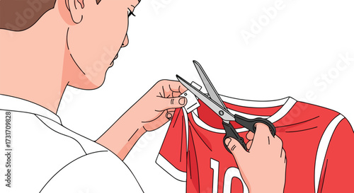 Illustration depicting a person cutting the label off a new red jersey before wearing it the first time for comfort and ease