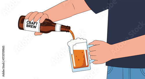 Cartoon depiction of pouring craft brew beer into a mug, illustrating the beer's frothy head and amber hue, highlighting the brewing process
