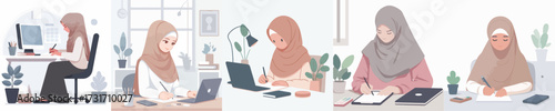 set of muslim secretary working on laptop flat design