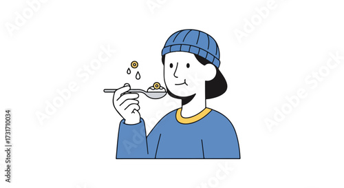 Whimsical depiction of a person in a blue knit cap enjoying a spoonful of cereal with floating droplets