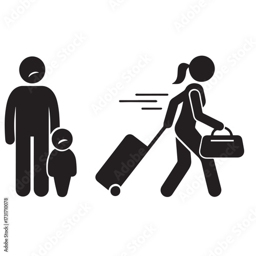 A family separation or a person leaving. On the left, a man and a small child stand together, both with sad or dejected expressions indicated by downturned mouths.