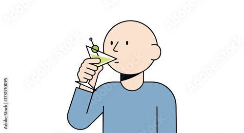 Animated illustration depicting a bald man sipping a light green martini with an olive garnish in a triangle glass set against a plain white