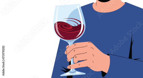 Stylized depiction of a man holding a swirling glass of red wine in a simple modern illustration style