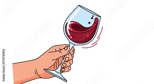 Illustration of a hand holding and swirling a glass of red wine for tasting notes and aroma evaluation within a cartoon style setting