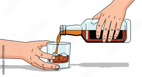 Illustration showcasing the act of pouring amber-colored liquor into a glass filled with ice cubes, highlighting a moment of relaxation and drink