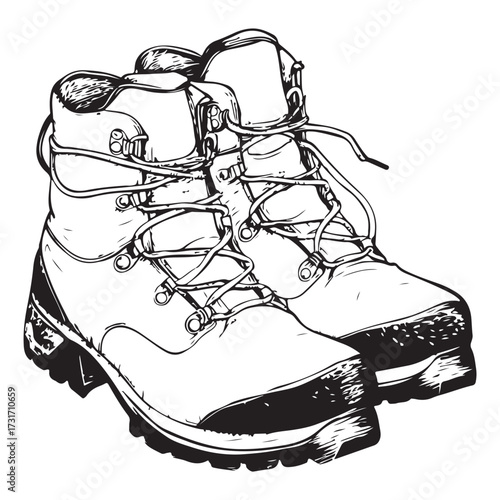 Black and white illustration of two pairs of combat boots on a white background 