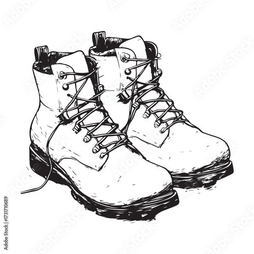 Black and white illustration of two pairs of combat boots on a white background 