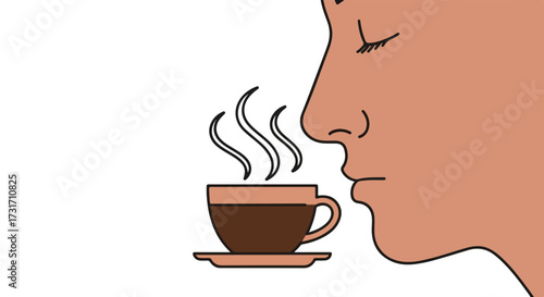 Person savoring aroma of a freshly brewed cup of coffee, eyes closed in enjoyment, a simple and appealing illustration showcasing sensory pleasure