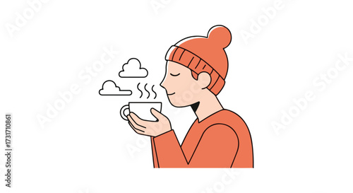 Illustration of a person in winter attire enjoying the aroma of a warm beverage in a serene setting evoking comfort and relaxation isolated against