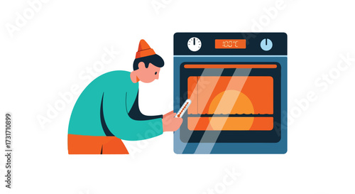 A baker, equipped with a thermometer, carefully examines the oven set at 100 degrees celsius, showcasing a modern and stylized cooking appliance