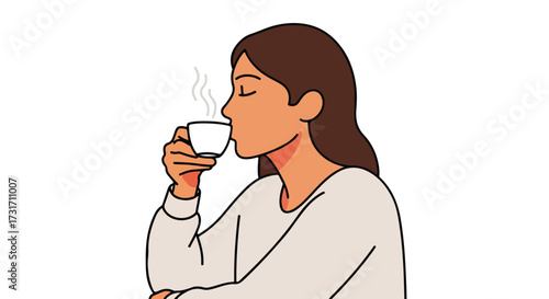 Woman enjoys a quiet moment sipping hot beverage, expressing a comforting feeling with closed eyes and simple attire, promoting relaxation and