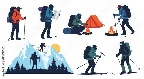Hikers and skiers enjoying outdoor adventures and camping in the wilderness.
