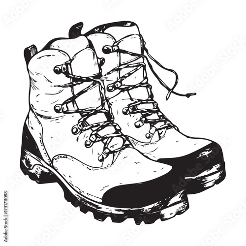 Black and white illustration of two pairs of combat boots on a white background 