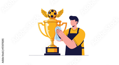 The dedicated custodian diligently polishing a prestigious winged soccer trophy for display after successful championship