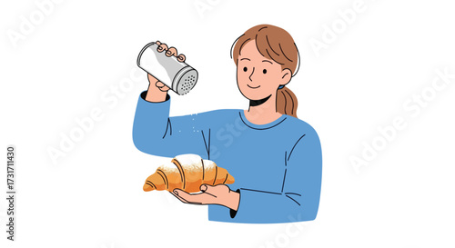 Stylized illustration showcases a person dusting powdered sugar onto a croissant with a shaker enhancing its appeal showcasing the art of pastry