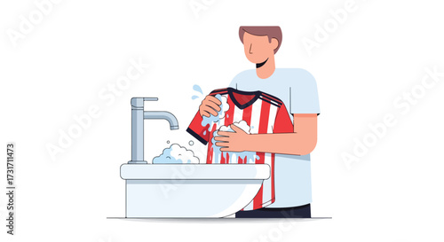 Illustrative depiction of a man handwashing a red and white striped jersey in a sink filled with soapy water
