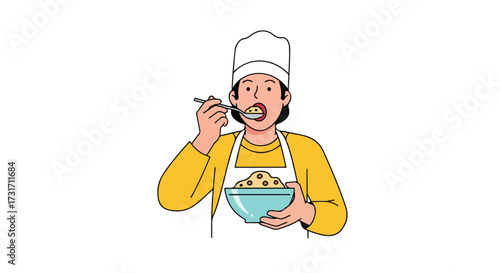 Whimsical culinary depiction a cheerful chef sampling dish from bowl, embodying joy, creativity, kitchen, food tasting, illustration, simplicity