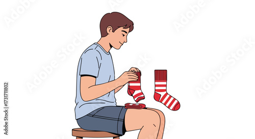 Man folding striped red and white socks while sitting on a wooden stool in a domestic setting indicating chores and organization in an illustration