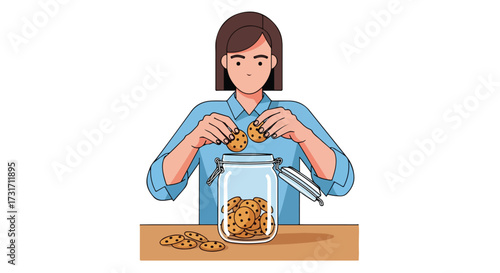 Illustrative depiction of a woman meticulously arranging freshly baked cookies into a transparent airtight jar displaying domestic culinary finesse
