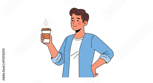 Drawn depiction of a relaxed young man enjoying a steaming cup of coffee on a bright and clean background illustration vector style