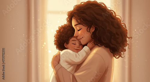 Mother hugging her sleeping child with warmth in a soft-lit room  