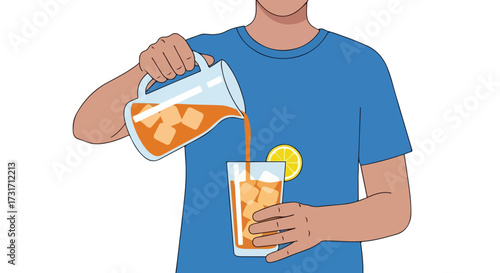 Refreshing iced tea preparation, person pouring beverage from a pitcher into a glass with ice cubes perfect for a hot summer day delighting taste buds