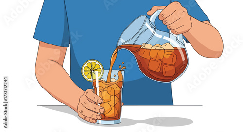 Refreshing iced tea being poured from a clear pitcher into a glass filled with ice and garnished with a lemon slice on a bright summer day