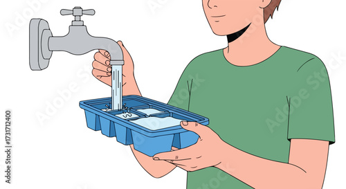 Illustration of person filling a blue ice cube tray with water from a silver faucet, isolated on white, preparing refreshments or chilling beverage