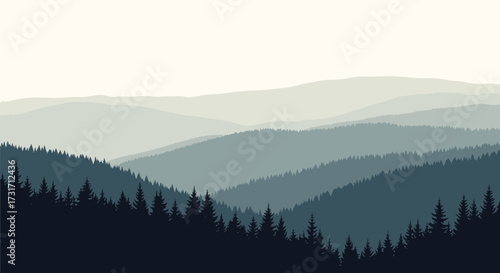Misty mountain ranges covered in pine trees under a muted sky.
