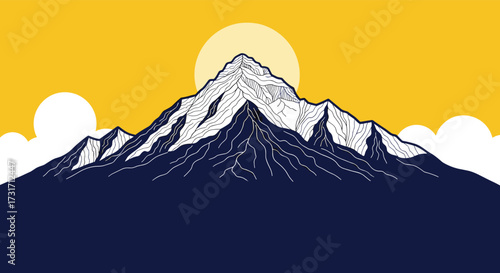 A majestic mountain peak illuminated by a radiant sun and surrounded by clouds.