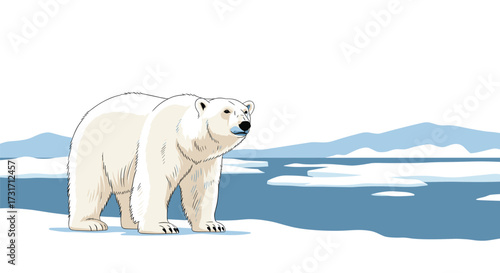 A polar bear walks across the icy arctic landscape.