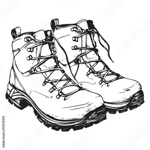 Black and white illustration of two pairs of combat boots on a white background 